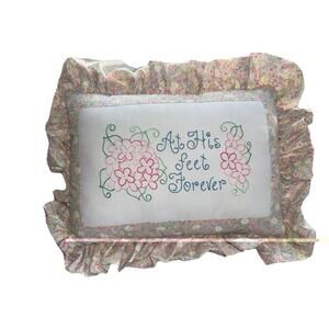 Handmade Floral Cross Stitch pillow with ruffles edge;  “At his feet forever”